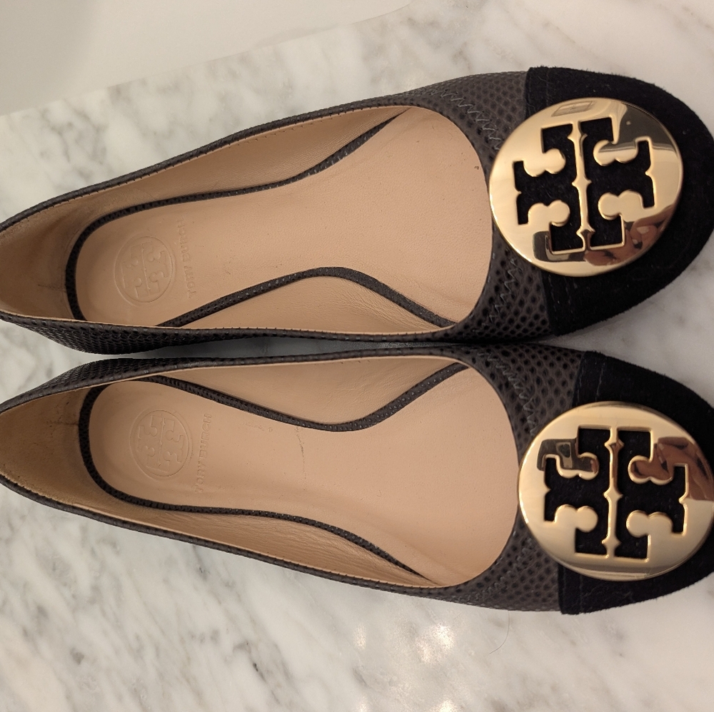 Tory Burch Black Flats with Gold Emblem